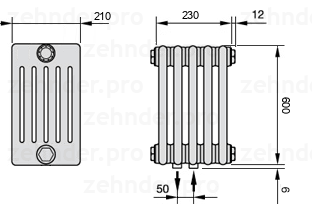 Схема (чертеж) Радиатор Zehnder Charleston 6060/5 №5410 Белый глянцевый RAL 9016